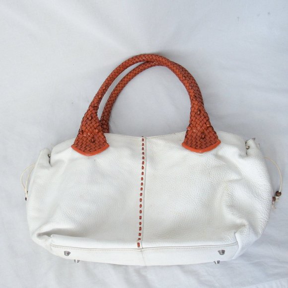 PAOLO MASI Italian Two-Tone Leather Braided Handle Pebbled White Leather/ Large - Picture 13 of 14